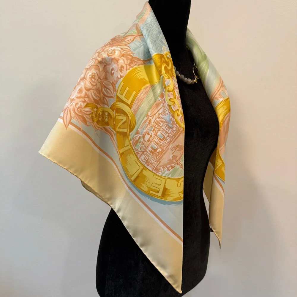 Celine Pastel Silk Scarf 90 Carré Chain Beige Gold Hand Rolled Made in France - Picture 5 of 11